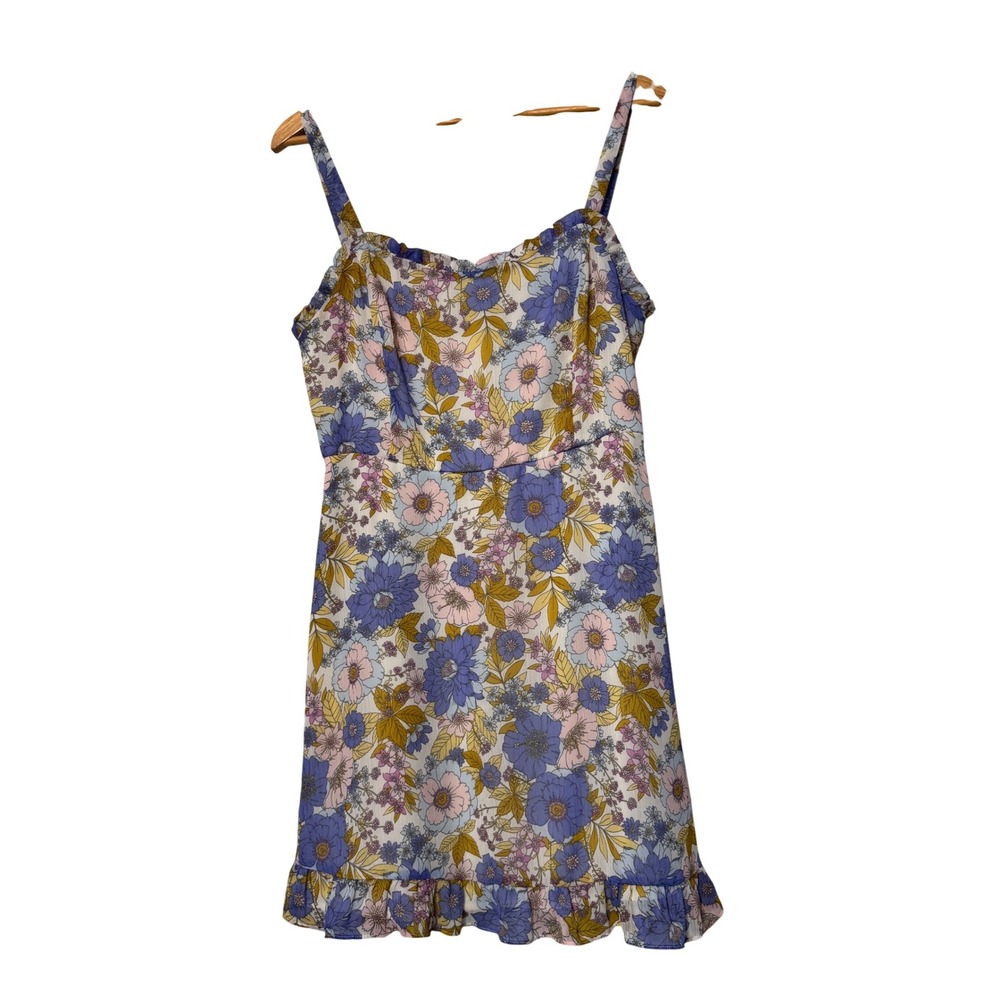 LUSH Floral Print Ruffle Mini Dress Lavender Blue Pink‎ Yellow Size L